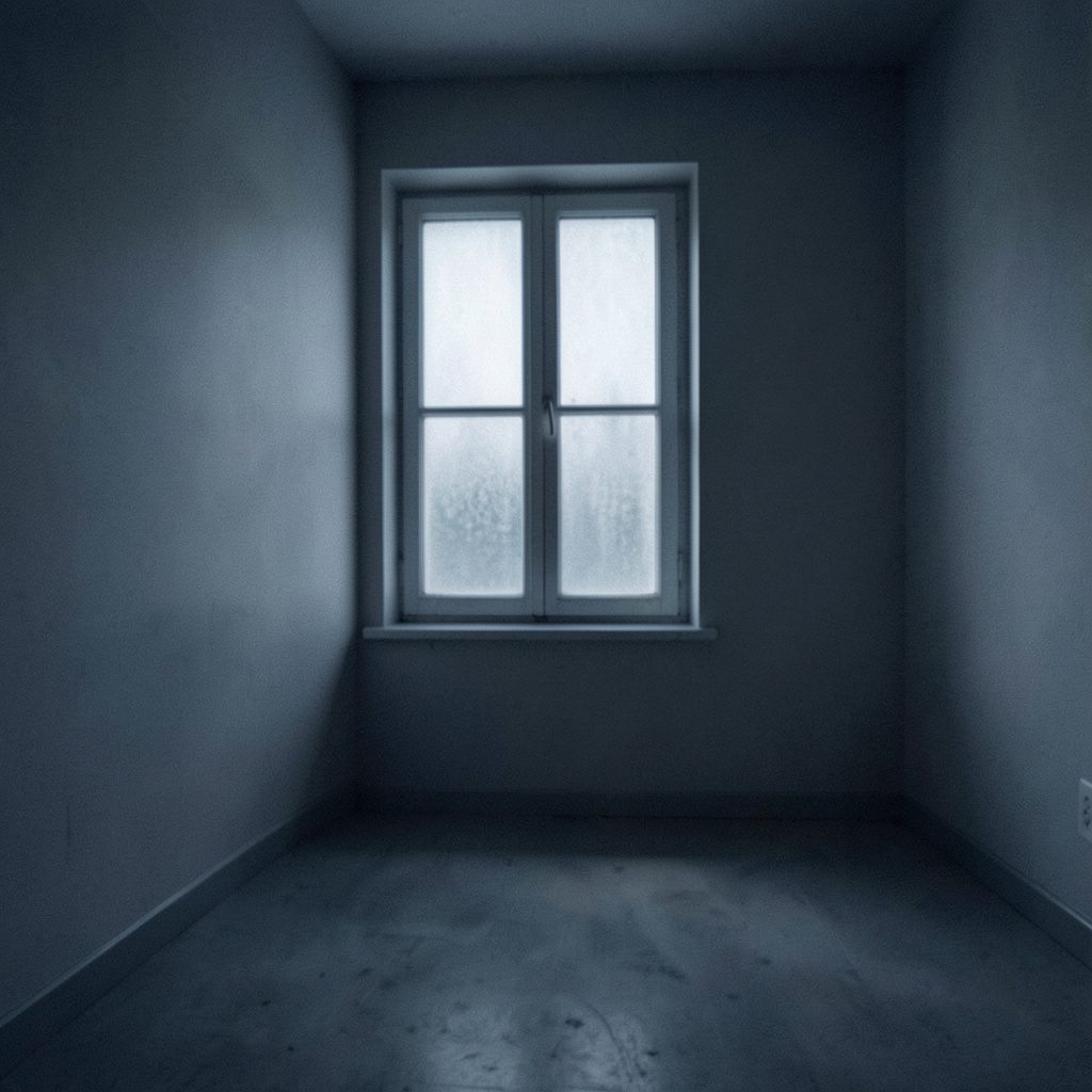 A quiet, dimly lit room with a single window, soft gray and muted blue tones, contemplative mood.
