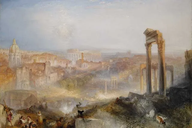 Romantic painting of ancient ruins and columns overlooking a hazy cityscape in warm golden tones, wistful and contemplative mood